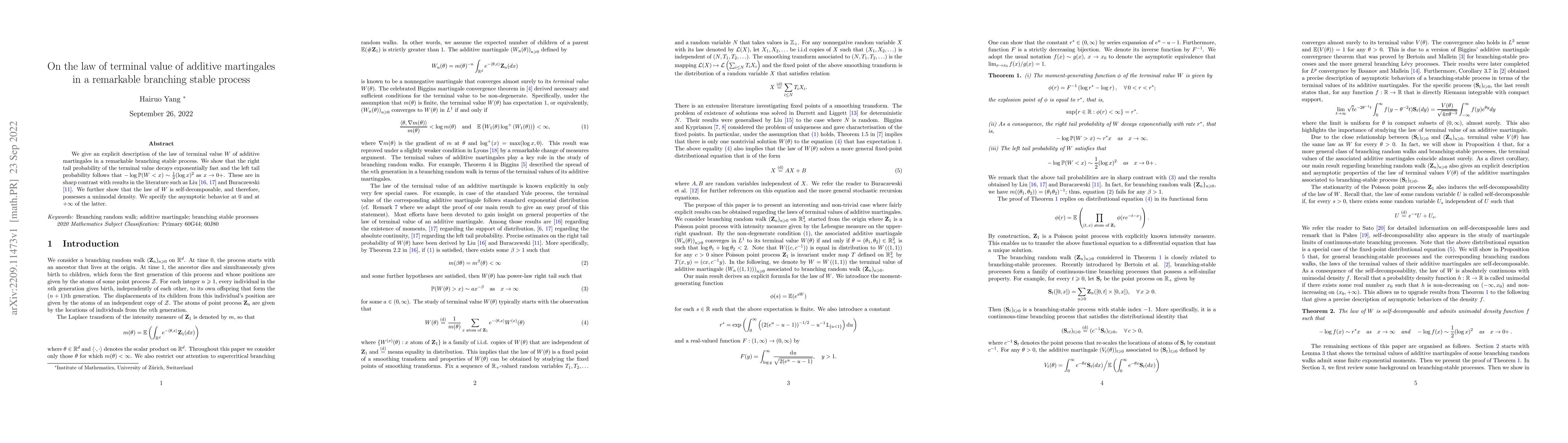 Thumbnail for On the law of terminal value of additive martingales in a remarkable
  branching stable process