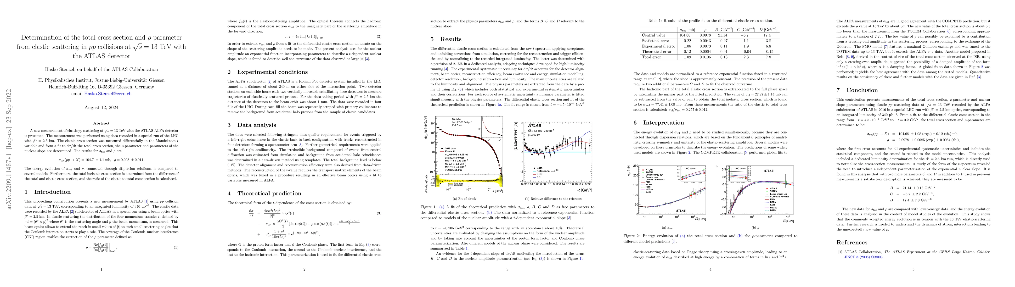 Thumbnail for Determination of the total cross section and $\rho$-parameter from
  elastic scattering in $pp$ collisions at $\sqrt{s}=13$ TeV with the ATLAS
  detector