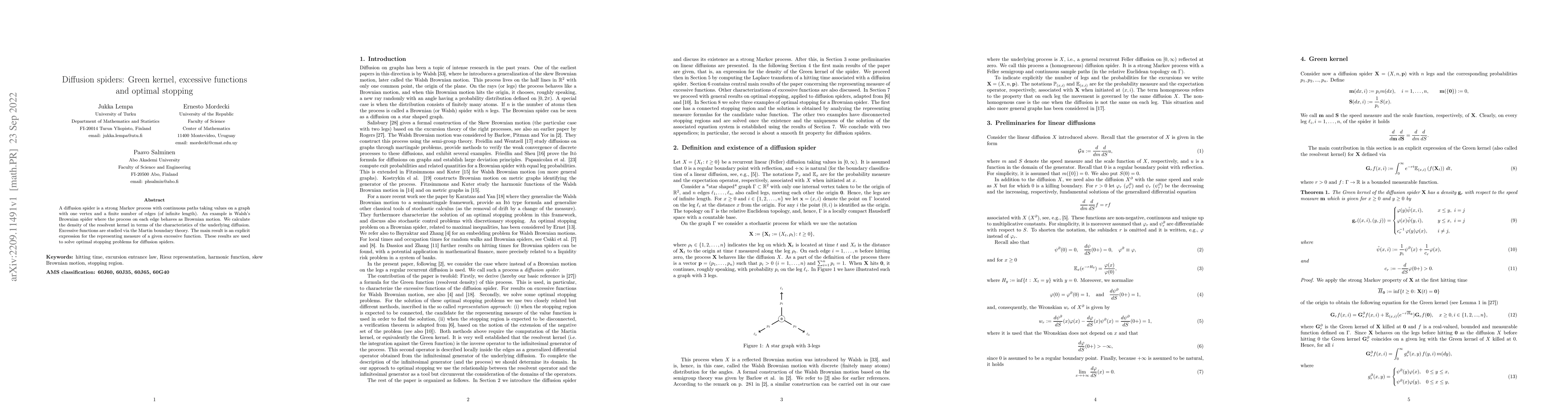 Thumbnail for Diffusion spiders: Green kernel, excessive functions and optimal
  stopping