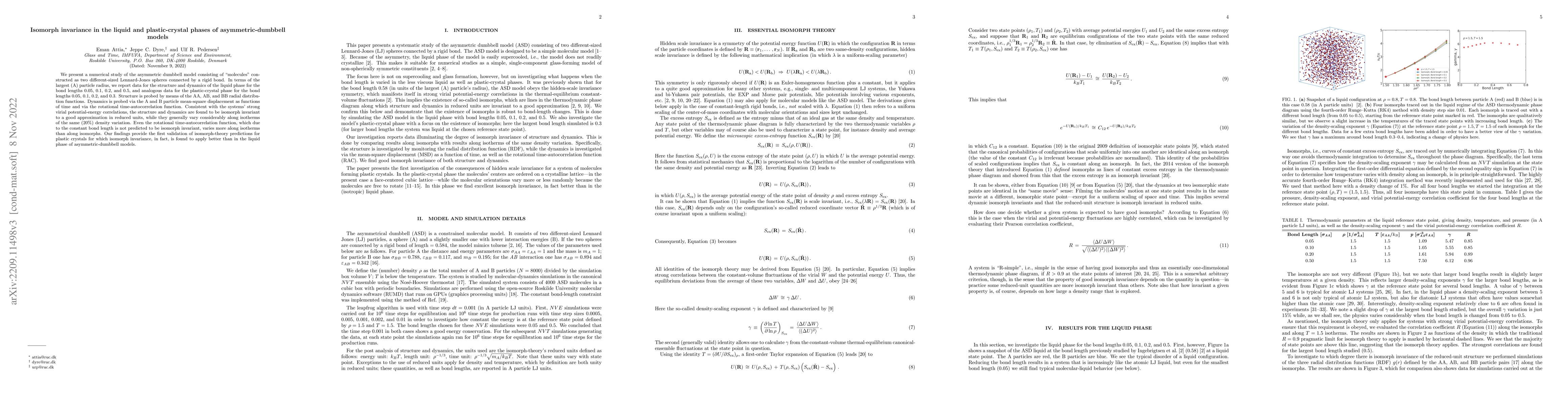 Thumbnail for Isomorph invariance in the liquid and plastic-crystal phases of
  asymmetric-dumbbell models