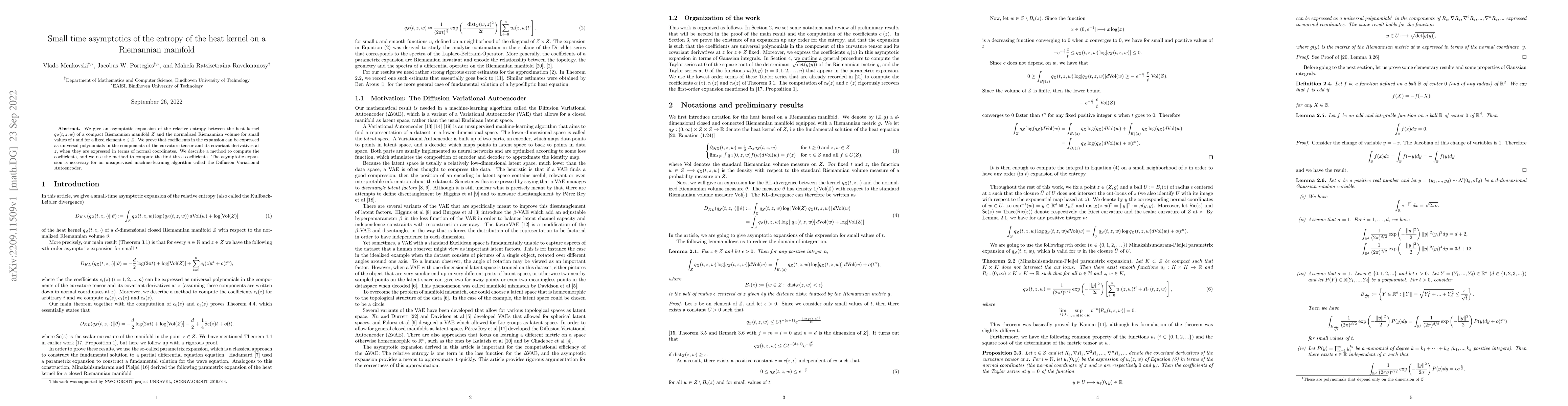 Thumbnail for Small time asymptotics of the entropy of the heat kernel on a Riemannian
  manifold