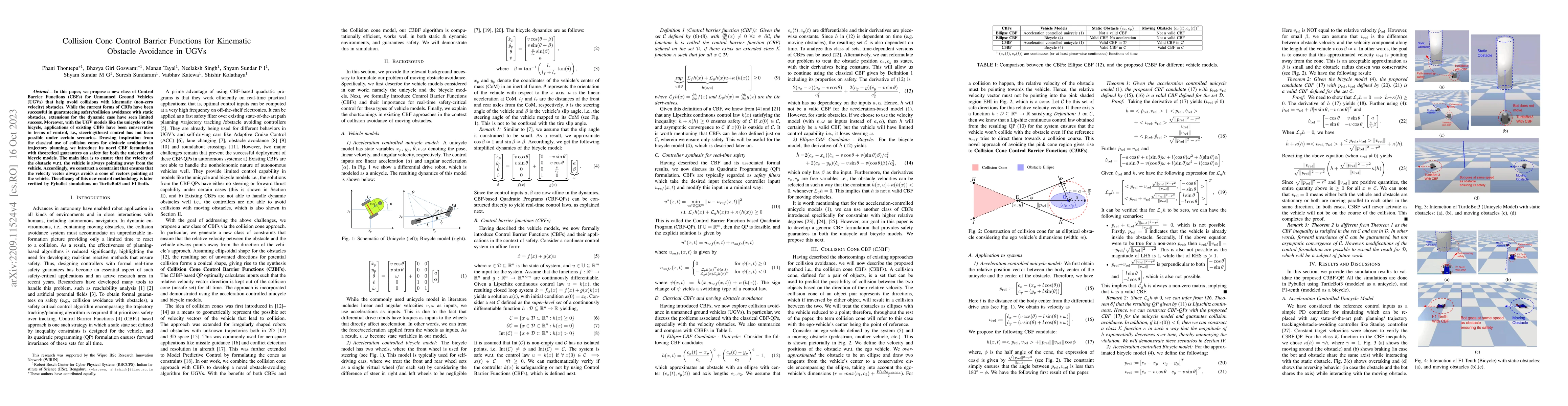 Thumbnail for Control Barrier Functions in UGVs for Kinematic Obstacle Avoidance: A
  Collision Cone Approach