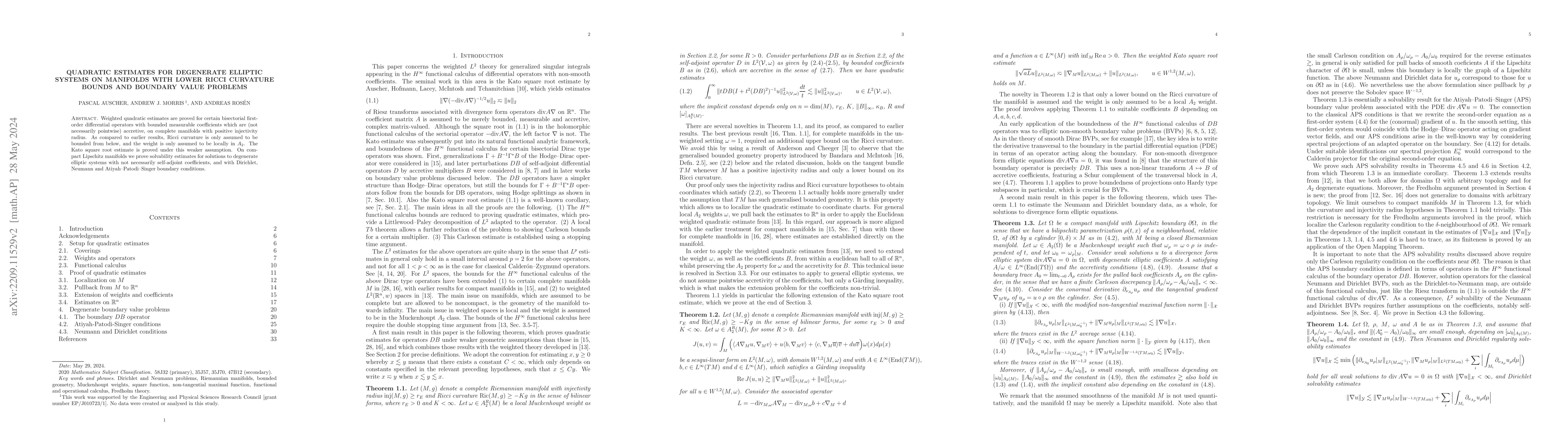 Thumbnail for Quadratic estimates for degenerate elliptic systems on manifolds with
  lower Ricci curvature bounds and boundary value problems