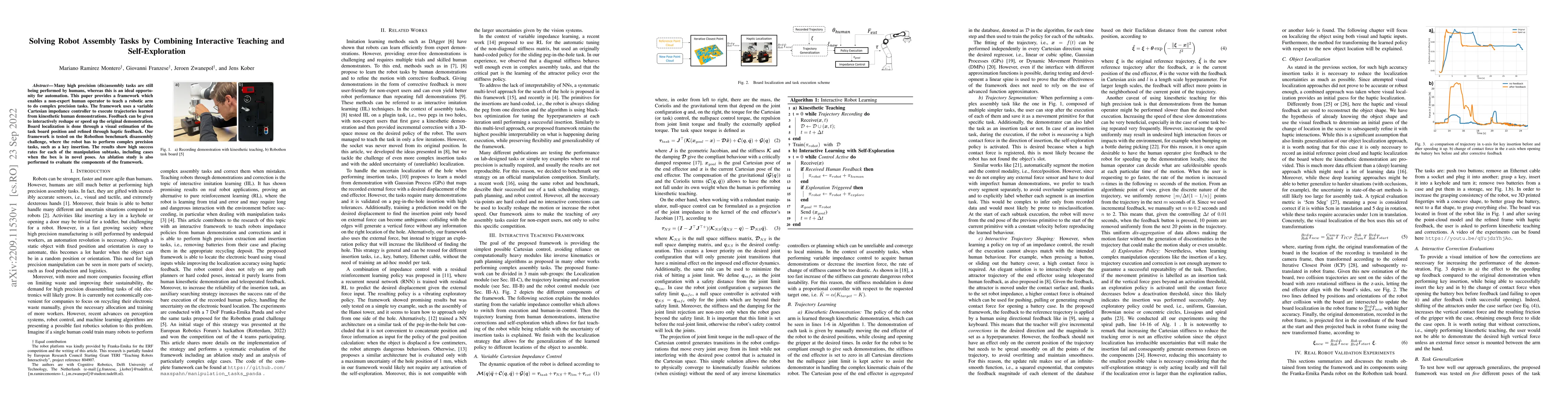 Thumbnail for Solving Robot Assembly Tasks by Combining Interactive Teaching and
  Self-Exploration