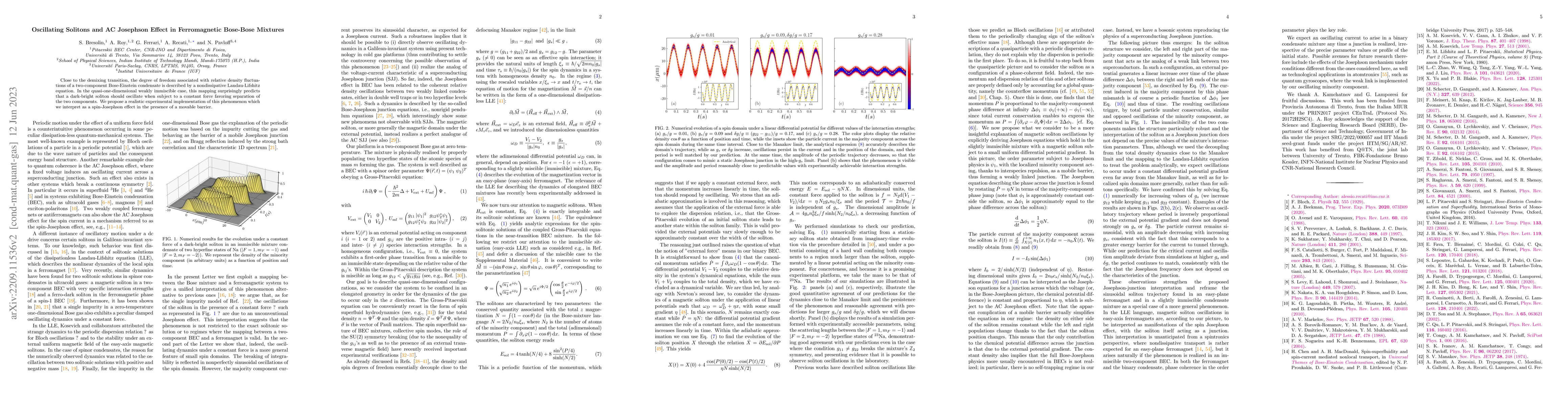 Thumbnail for Oscillating Solitons and AC Josephson Effect in Ferromagnetic Bose-Bose
  Mixtures