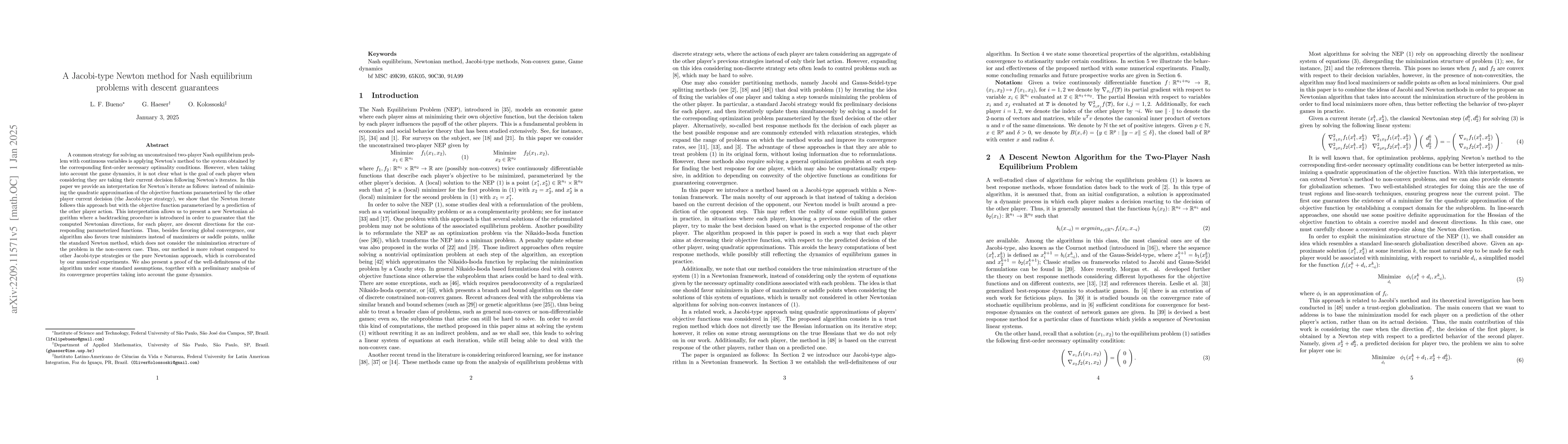 Thumbnail for A Jacobi-type Newton method for Nash equilibrium problems with descent
  guarantees