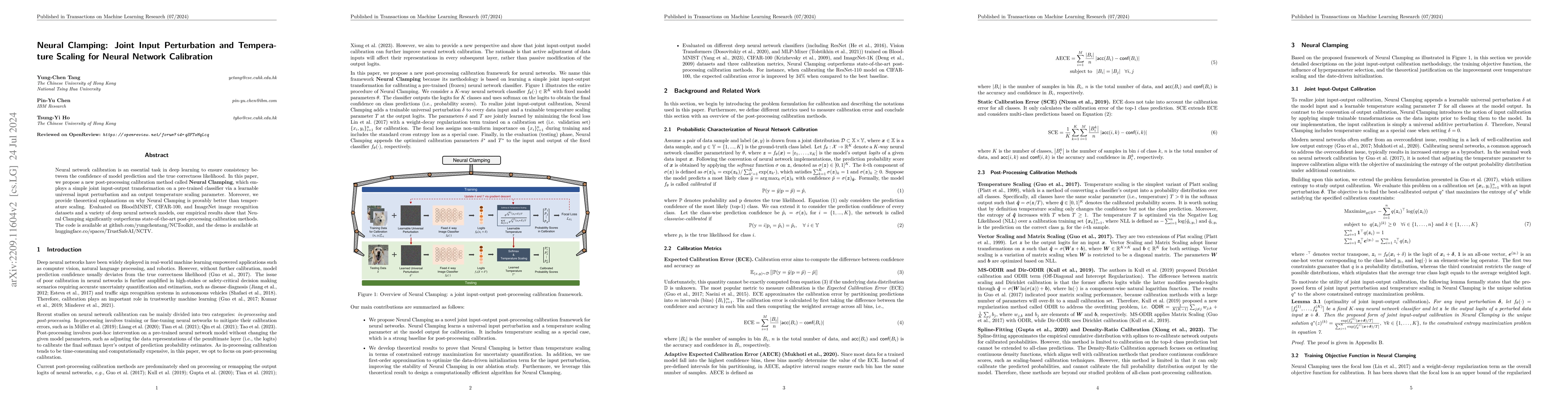 Thumbnail for Neural Clamping: Joint Input Perturbation and Temperature Scaling for
  Neural Network Calibration