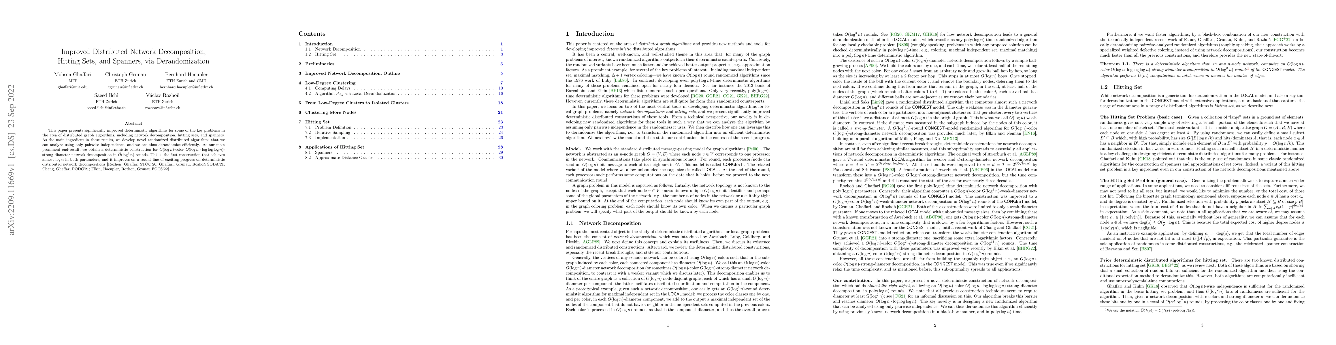 Thumbnail for Improved Distributed Network Decomposition, Hitting Sets, and Spanners,
  via Derandomization