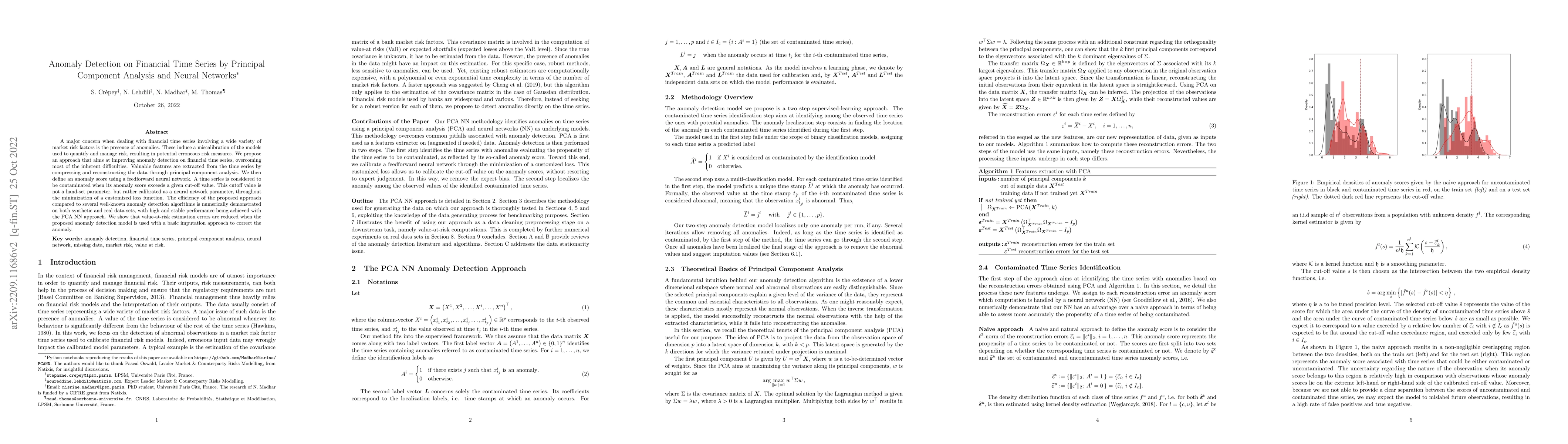 Thumbnail for Anomaly Detection on Financial Time Series by Principal Component
  Analysis and Neural Networks