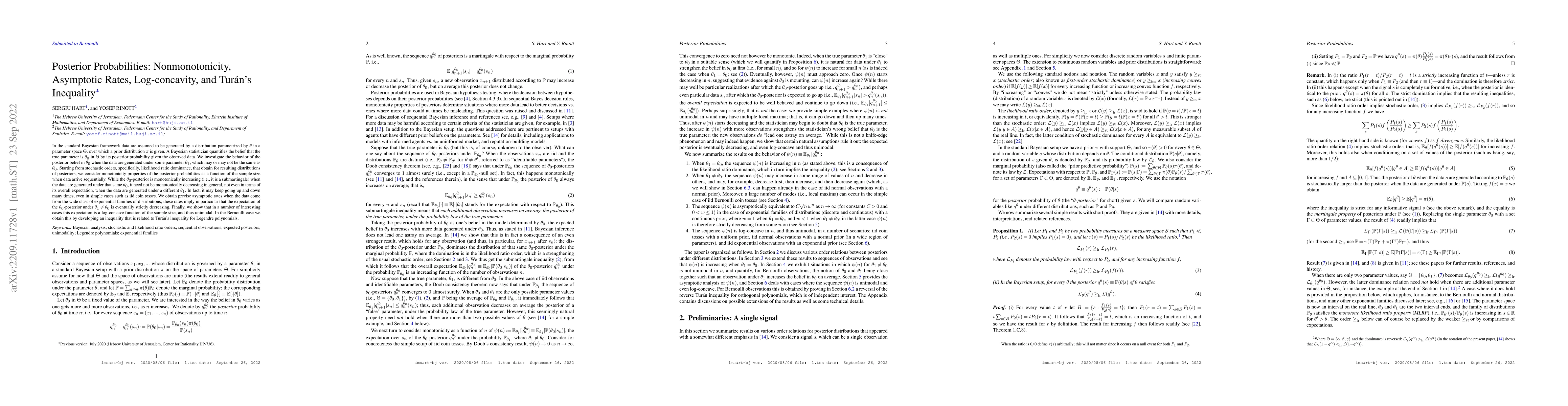 Thumbnail for Posterior Probabilities: Nonmonotonicity, Asymptotic Rates,
  Log-Concavity, and Tur\'an's Inequality