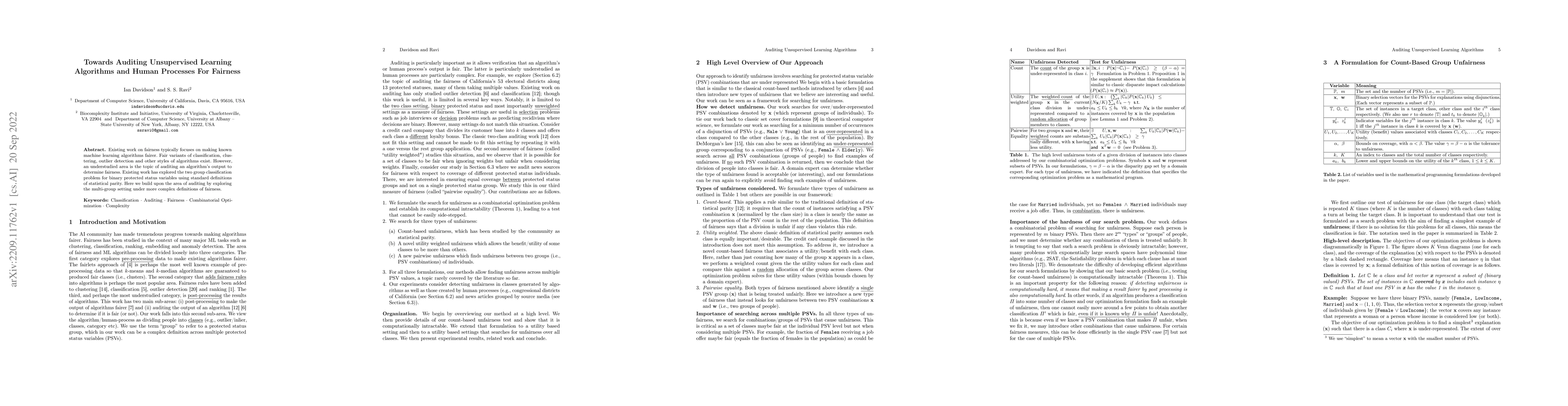 Thumbnail for Towards Auditing Unsupervised Learning Algorithms and Human Processes
  For Fairness