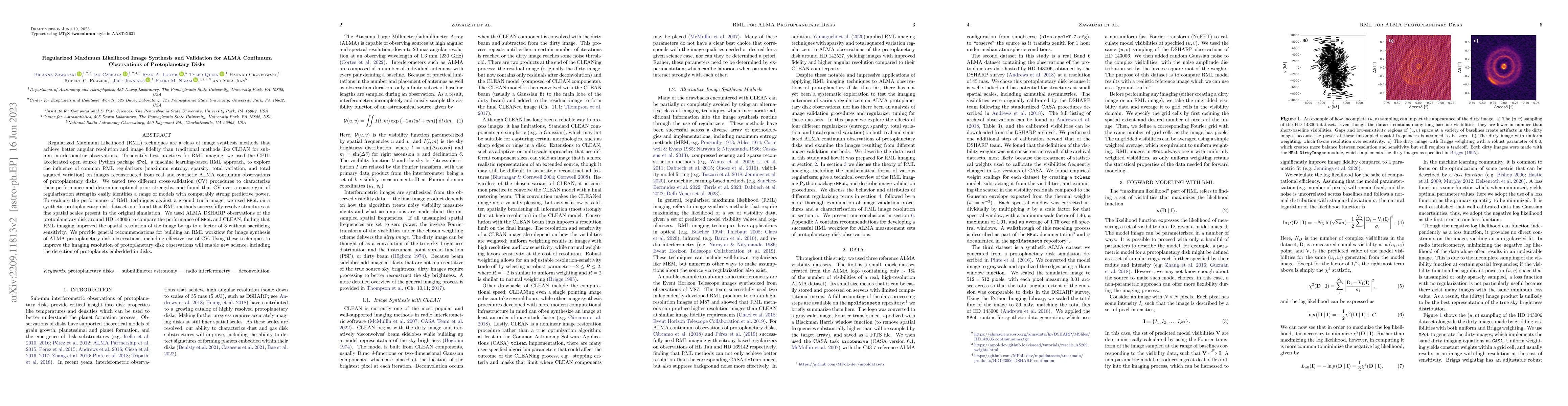 Thumbnail for Regularized Maximum Likelihood Image Synthesis and Validation for ALMA
  Continuum Observations of Protoplanetary Disks
