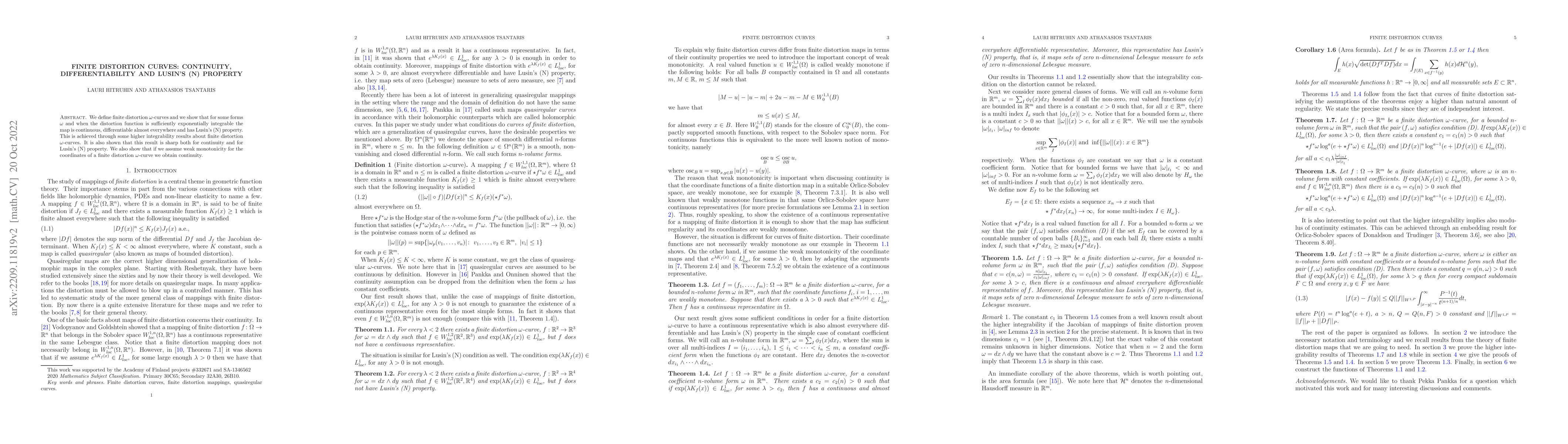 Thumbnail for Finite distortion curves: Continuity, Differentiability and Lusin's (N)
  property