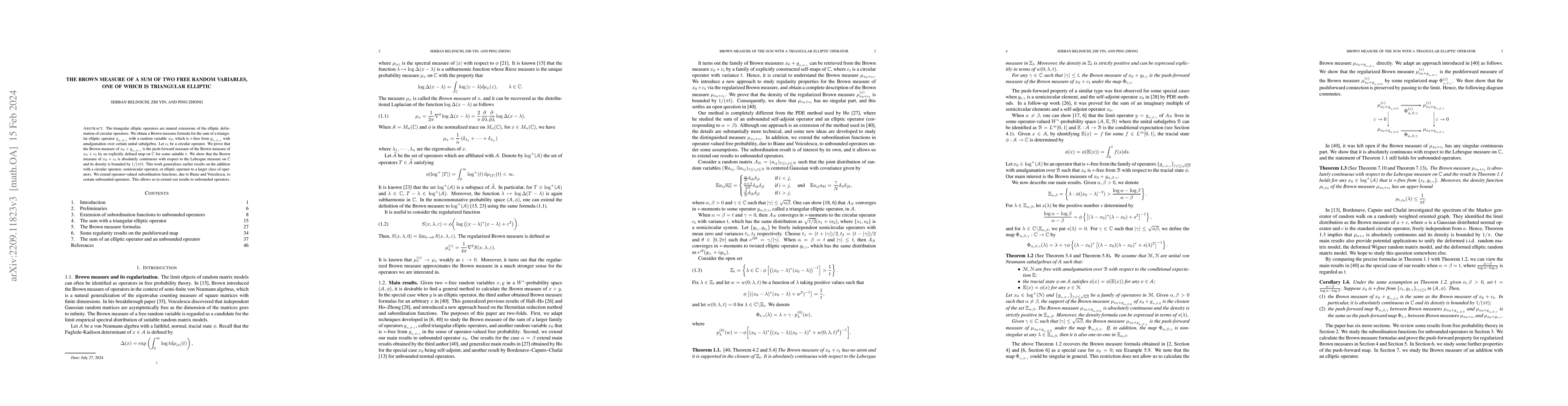 Thumbnail for The Brown measure of a sum of two free random variables, one of which is
  triangular elliptic