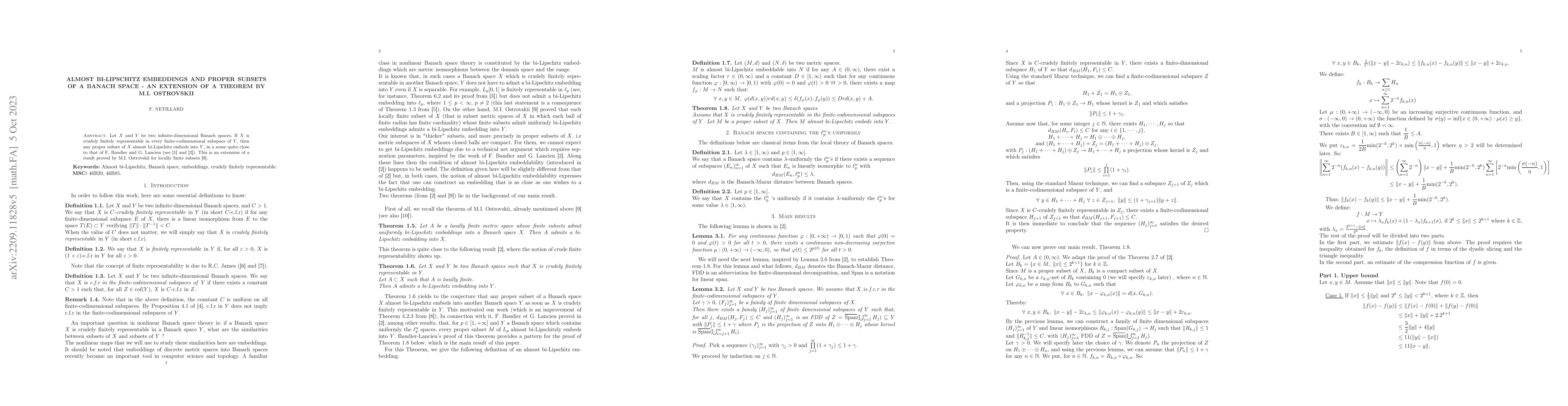 Thumbnail for Almost bi-Lipschitz embeddings and proper subsets of a Banach space --
  An extension of a theorem by M.I. Ostrovskii