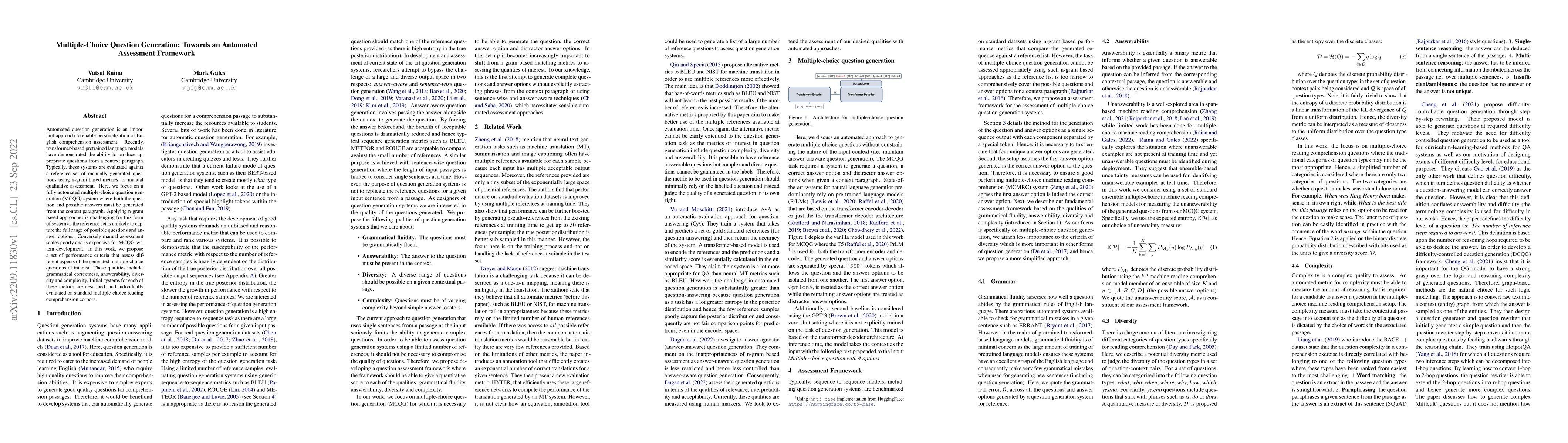 Thumbnail for Multiple-Choice Question Generation: Towards an Automated Assessment
  Framework