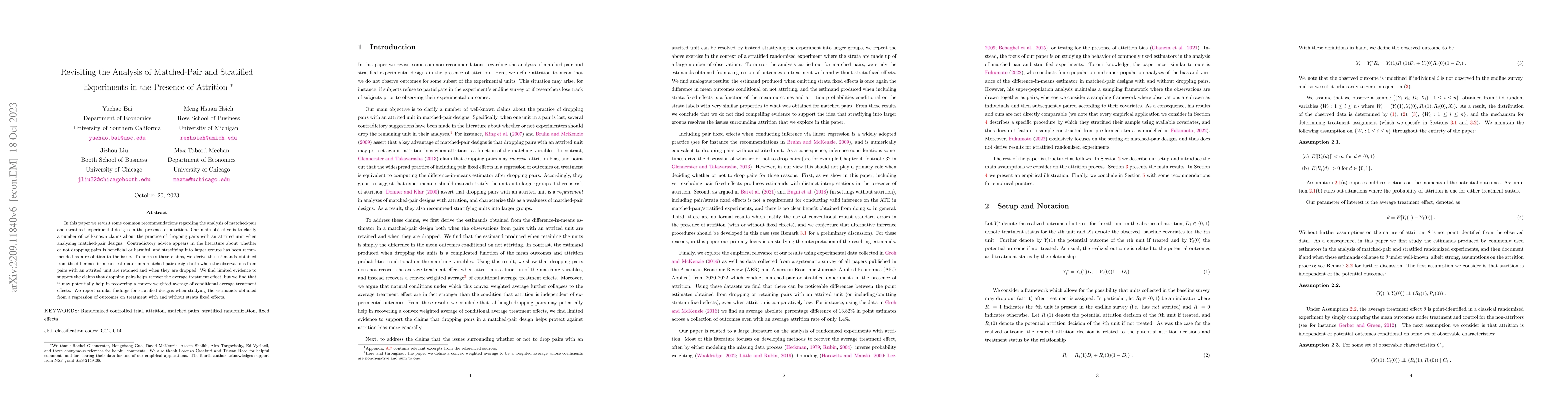Thumbnail for Revisiting the Analysis of Matched-Pair and Stratified Experiments in
  the Presence of Attrition