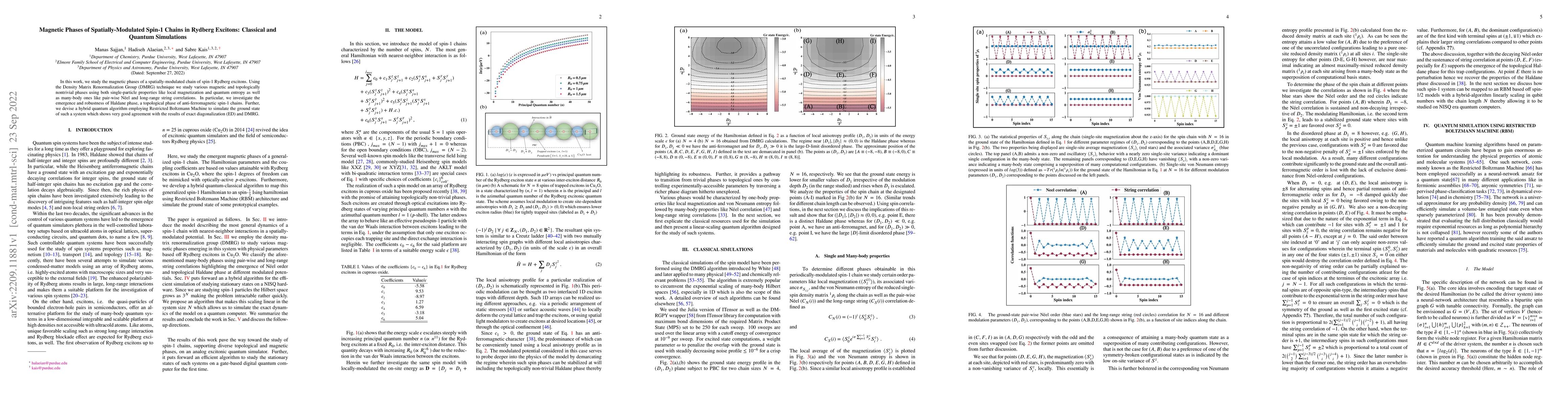 Thumbnail for Magnetic Phases of Spatially-Modulated Spin-1 Chains in Rydberg
  Excitons: Classical and Quantum Simulations