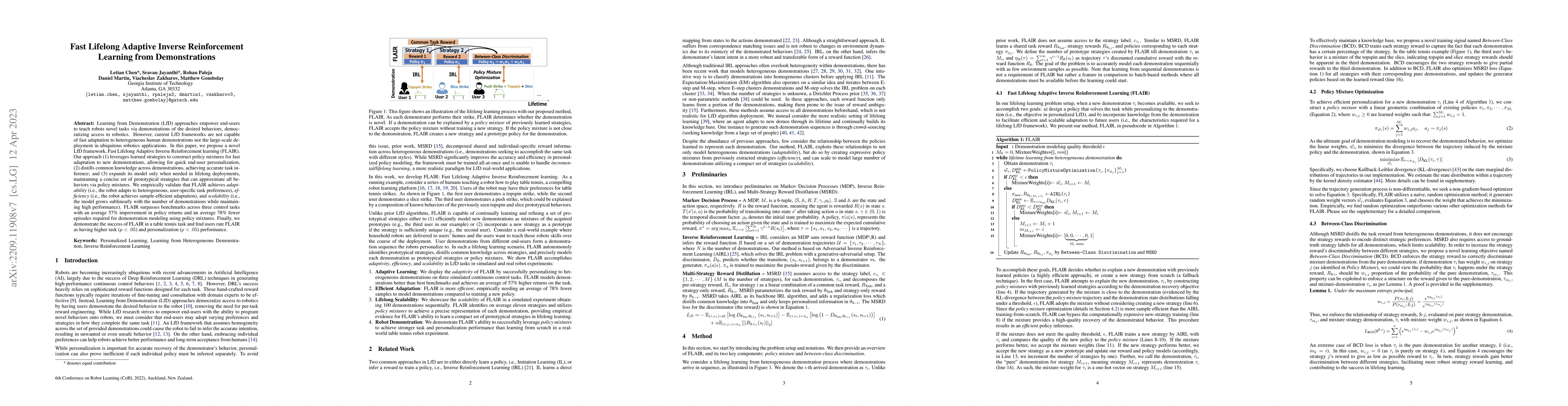 Thumbnail for Fast Lifelong Adaptive Inverse Reinforcement Learning from
  Demonstrations