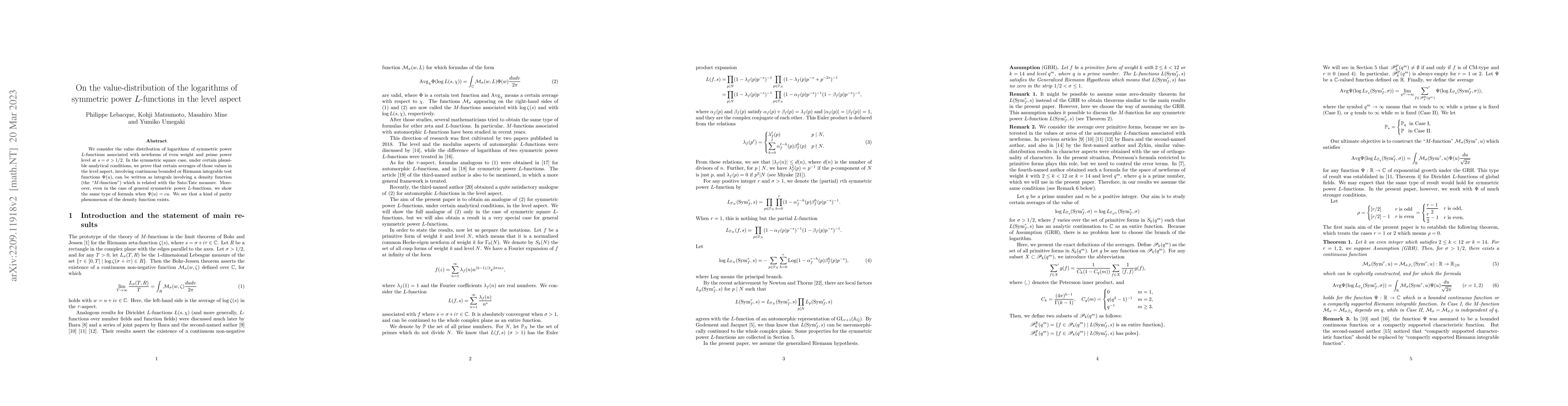 Thumbnail for On the value-distribution of the logarithms of symmetric power
  L-functions in the level aspect