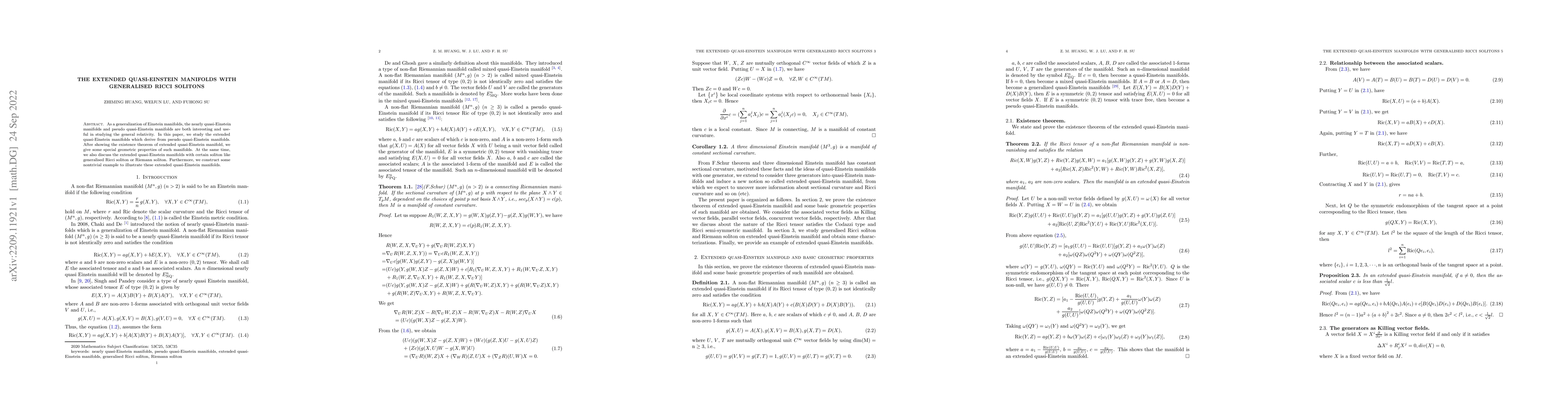 Thumbnail for The extended quasi-Einstein manifolds with generalised Ricci solitons