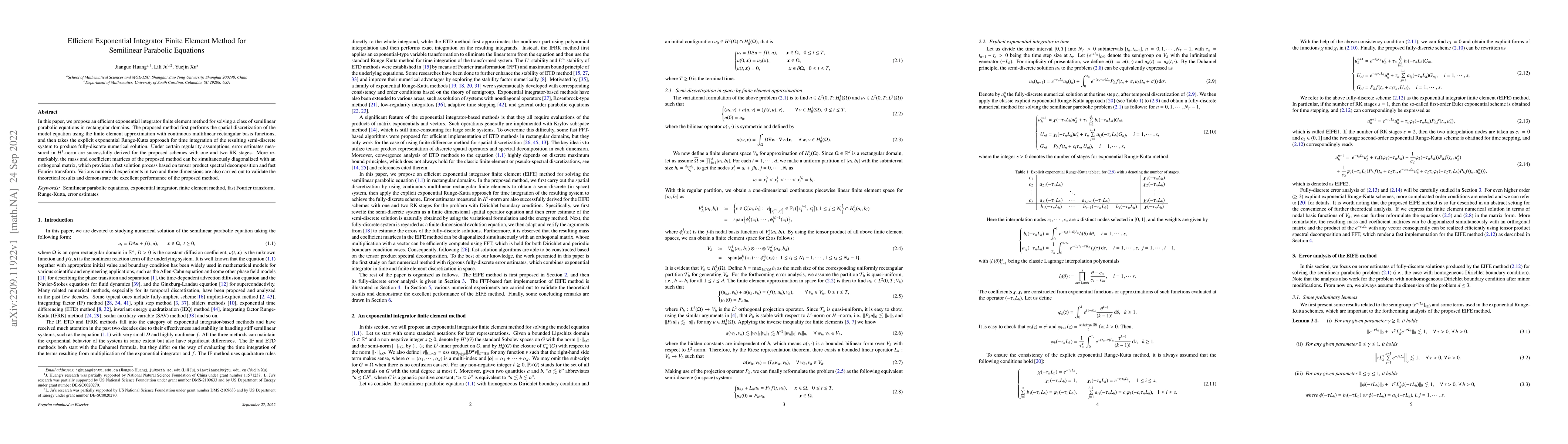 Thumbnail for Efficient Exponential Integrator Finite Element Method for Semilinear
  Parabolic Equations