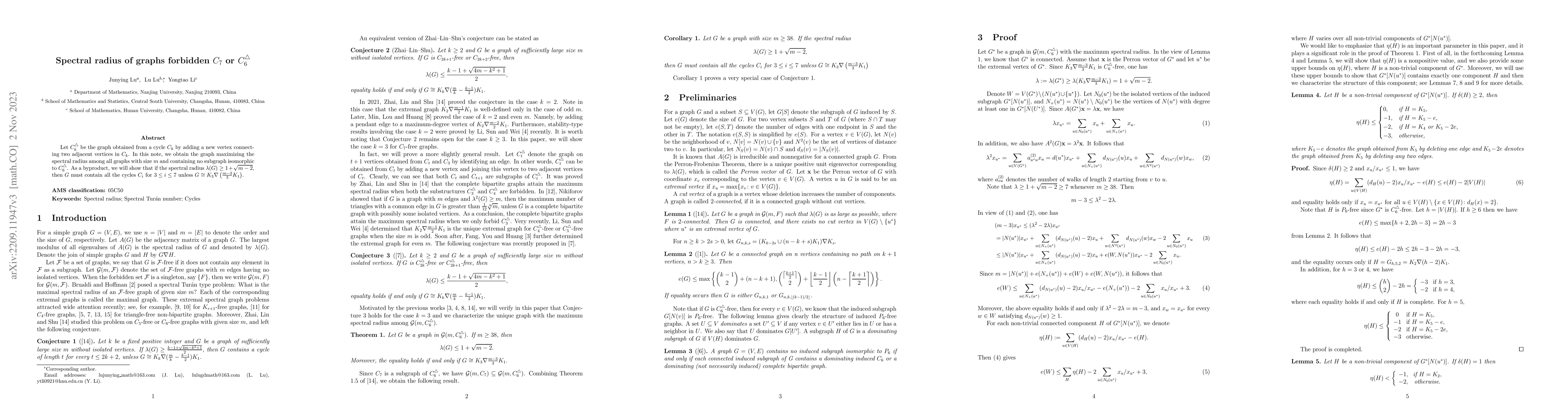 Thumbnail for Spectral radius of graphs forbidden $C_7$ or $C_6^{\triangle}$