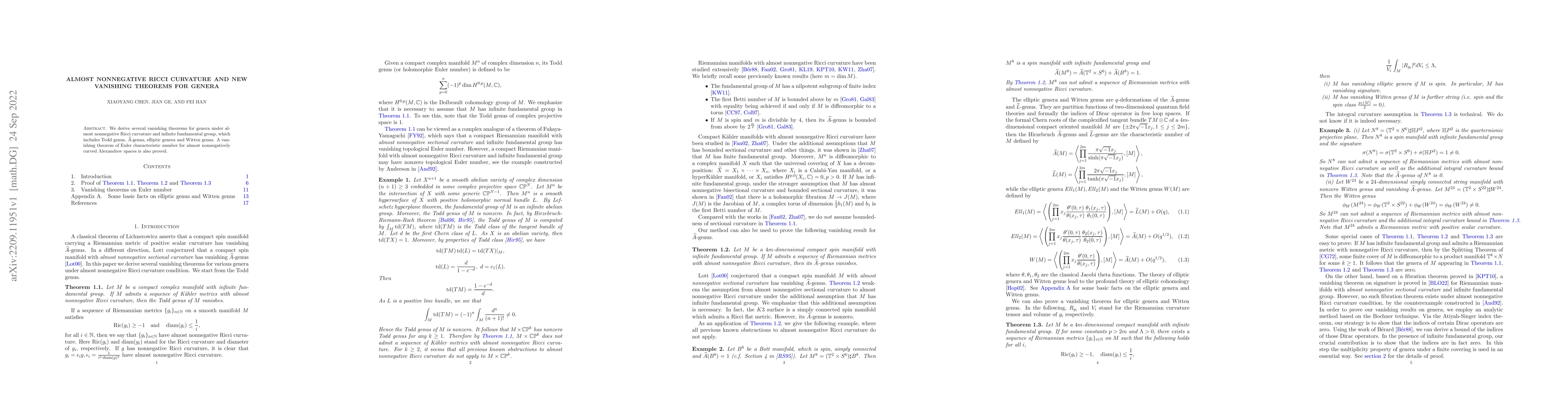 Thumbnail for Almost Nonnegative Ricci curvature and new vanishing theorems for genera