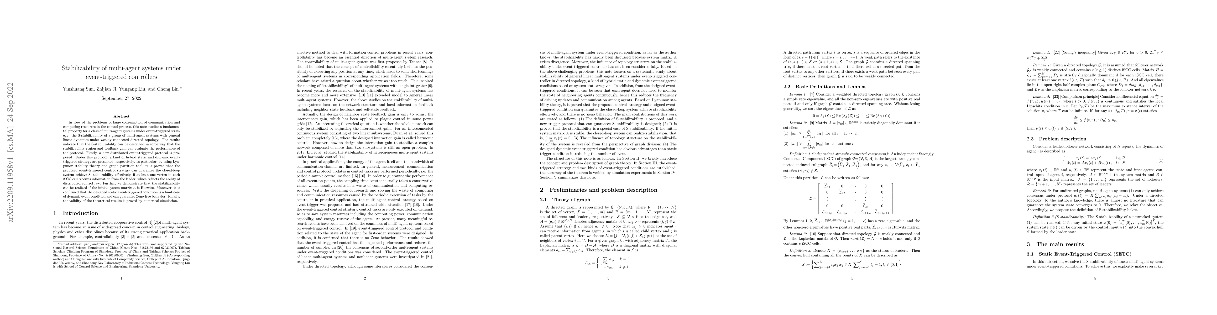Thumbnail for Stabilizability of multi-agent systems under event-triggered controllers