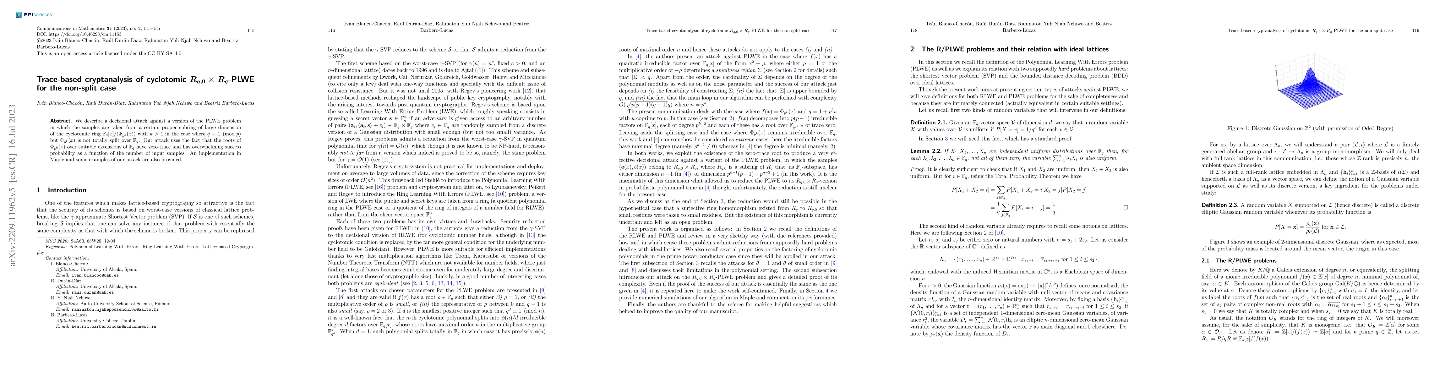 Thumbnail for Trace-based cryptanalysis of cyclotomic $R_{q,0}\times R_q$-PLWE for the
  non-split case