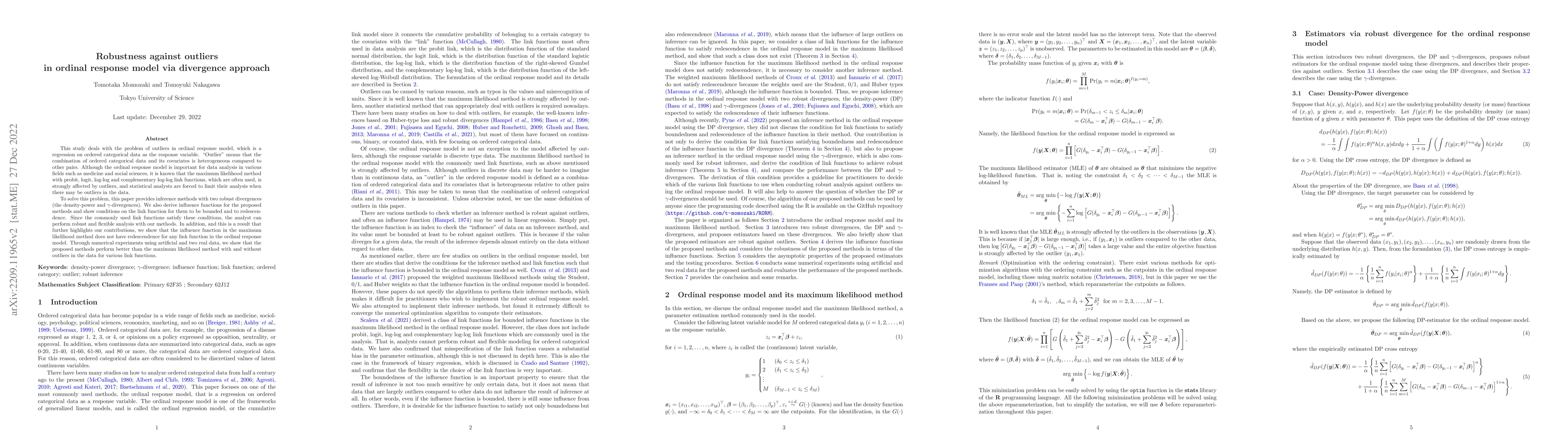 Thumbnail for Robustness against outliers in ordinal response model via divergence
  approach