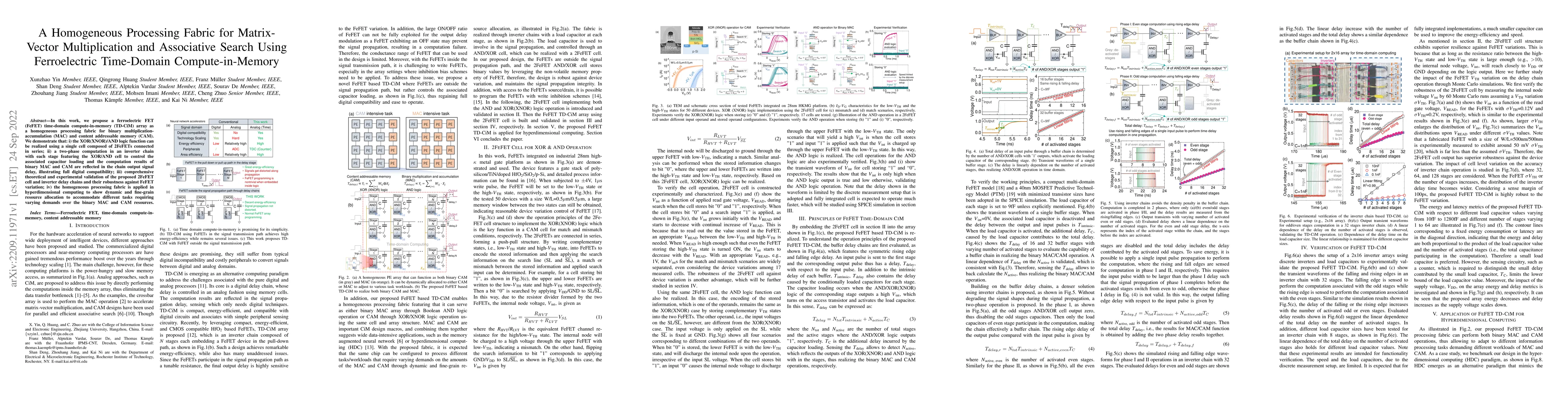 Thumbnail for A Homogeneous Processing Fabric for Matrix-Vector Multiplication and
  Associative Search Using Ferroelectric Time-Domain Compute-in-Memory