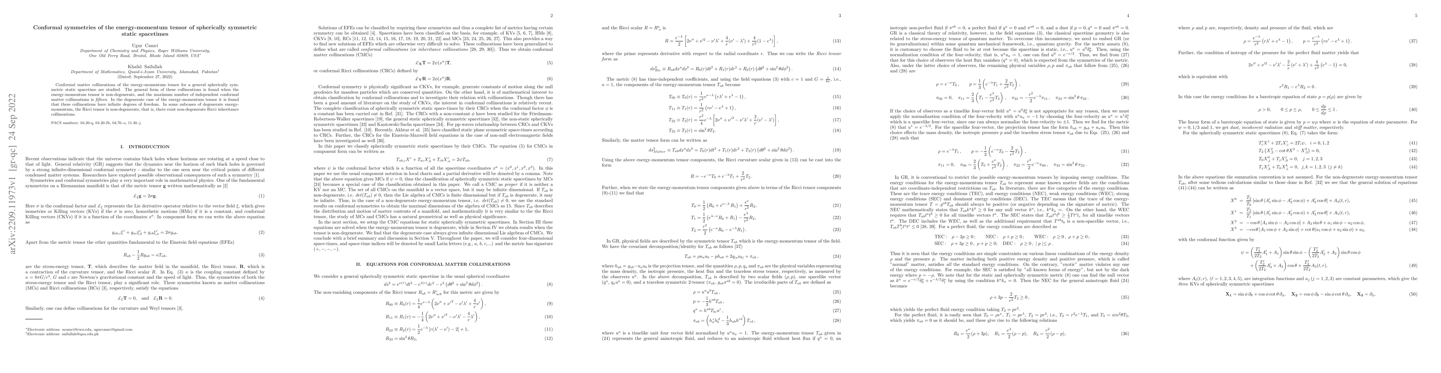 Thumbnail for Conformal symmetries of the energy-momentum tensor of spherically
  symmetric static spacetimes