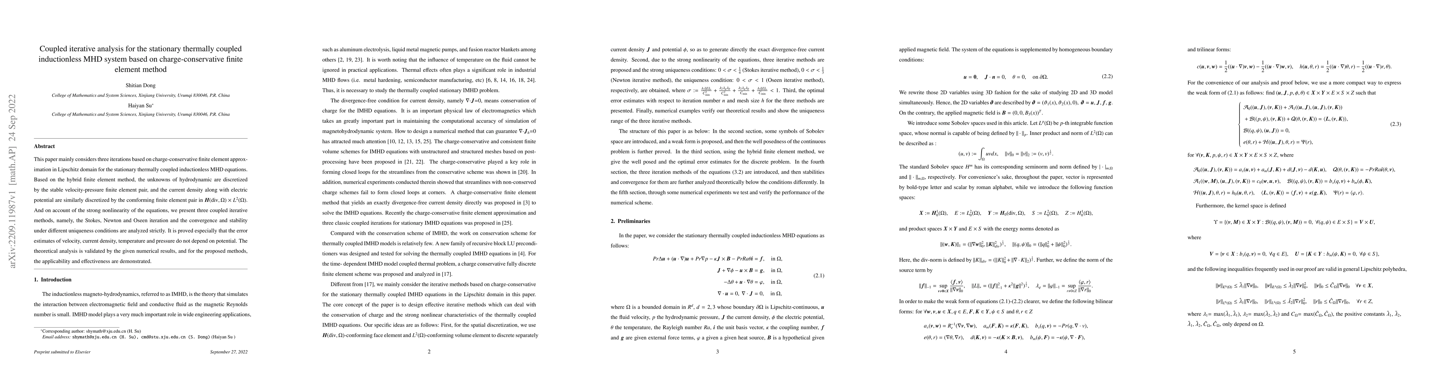 Thumbnail for Coupled iterative analysis for the stationary thermally coupled
  inductionless MHD system based on charge-conservative finite element method