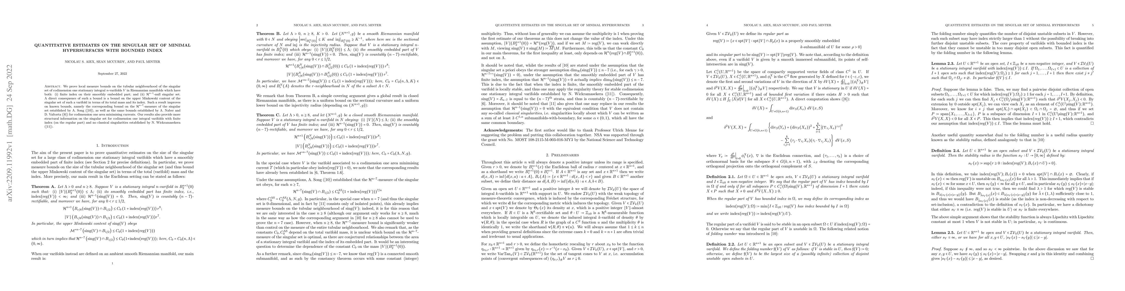 Thumbnail for Quantitative Estimates on the Singular Set of Minimal Hypersurfaces with
  Bounded Index