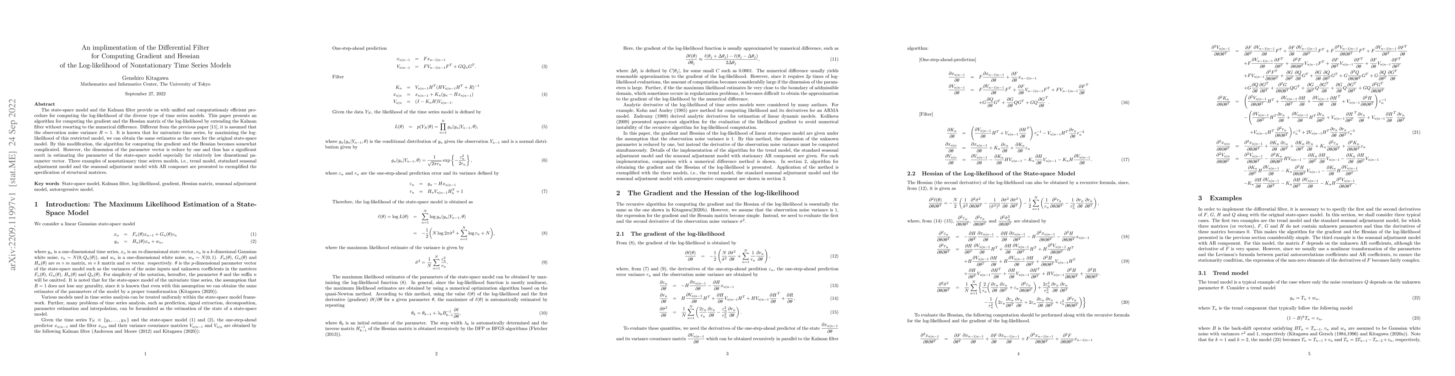 Thumbnail for An implimentation of the Differential Filter for Computing Gradient and
  Hessian of the Log-likelihood of Nonstationary Time Series Models