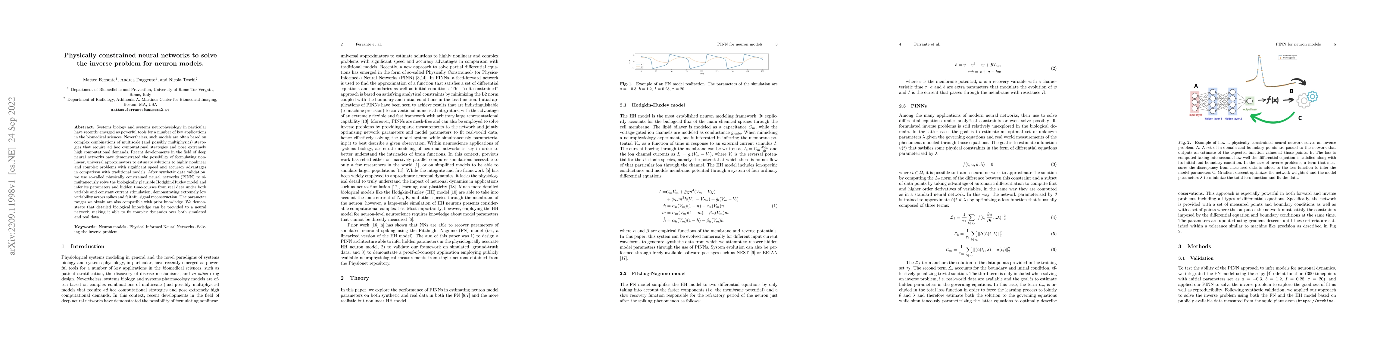 Thumbnail for Physically constrained neural networks to solve the inverse problem for
  neuron models