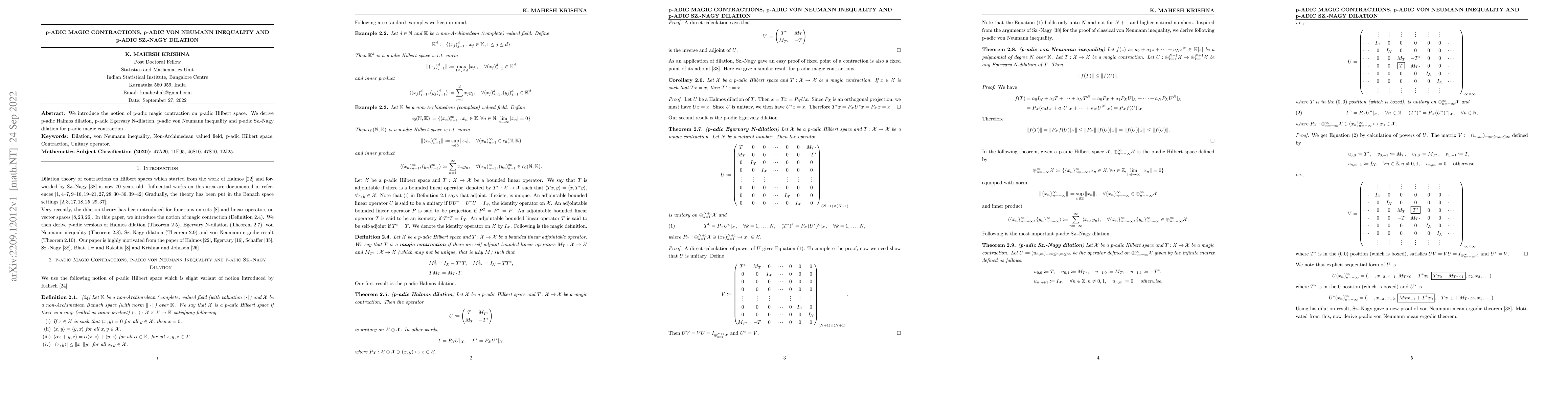 Thumbnail for p-adic Magic Contractions, p-adic von Neumann Inequality and p-adic
  Sz.-Nagy Dilation