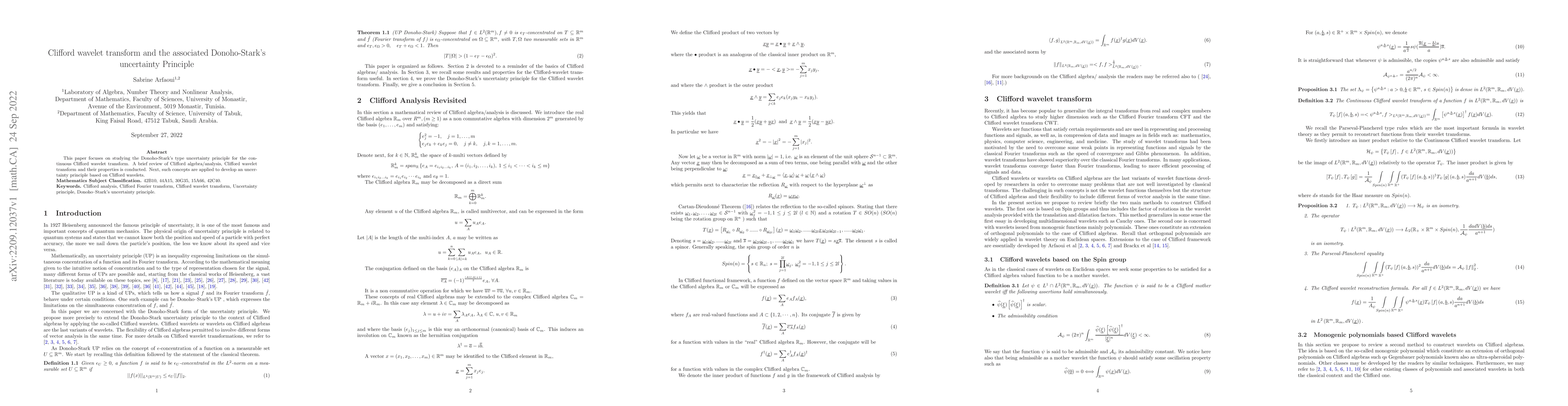 Thumbnail for Clifford wavelet transform and the associated Donoho-Stark's uncertainty
  Principle