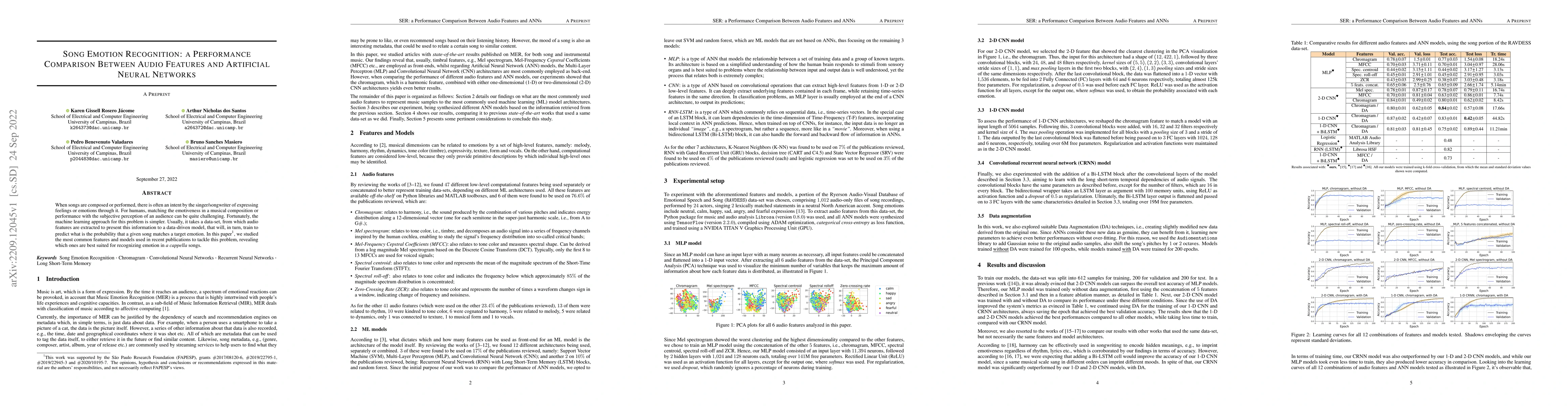 Thumbnail for Song Emotion Recognition: a Performance Comparison Between Audio
  Features and Artificial Neural Networks