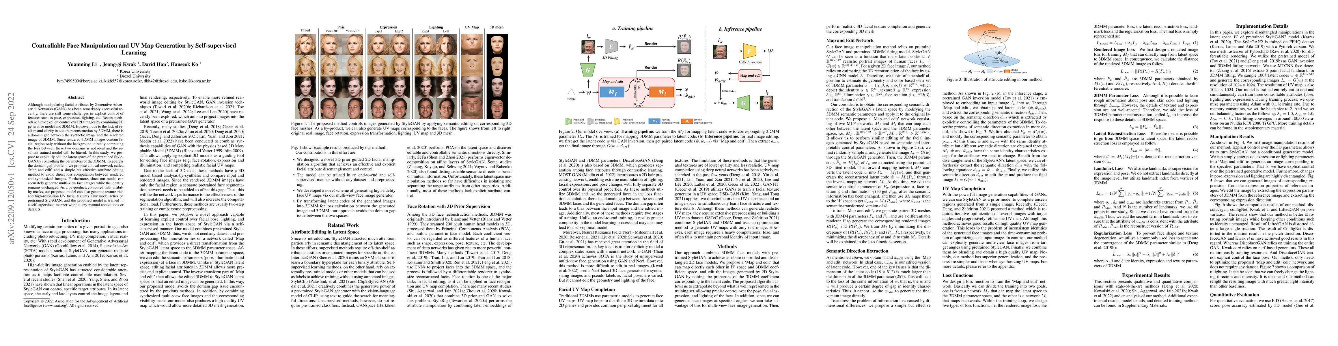Thumbnail for Controllable Face Manipulation and UV Map Generation by Self-supervised
  Learning