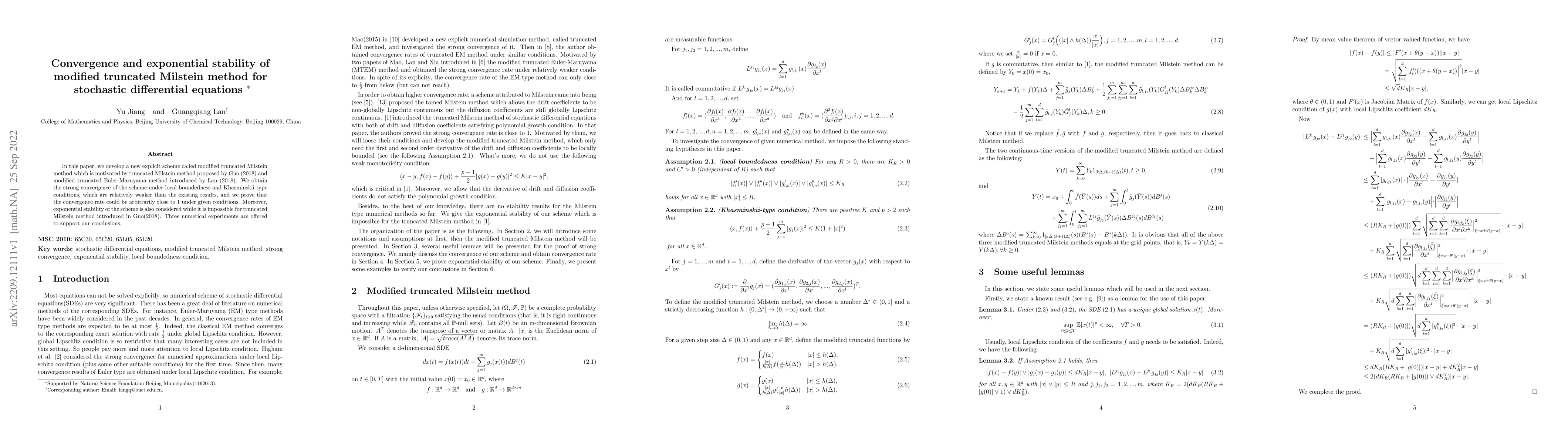 Thumbnail for Convergence and exponential stability of modified truncated Milstein
  method for stochastic differential equations