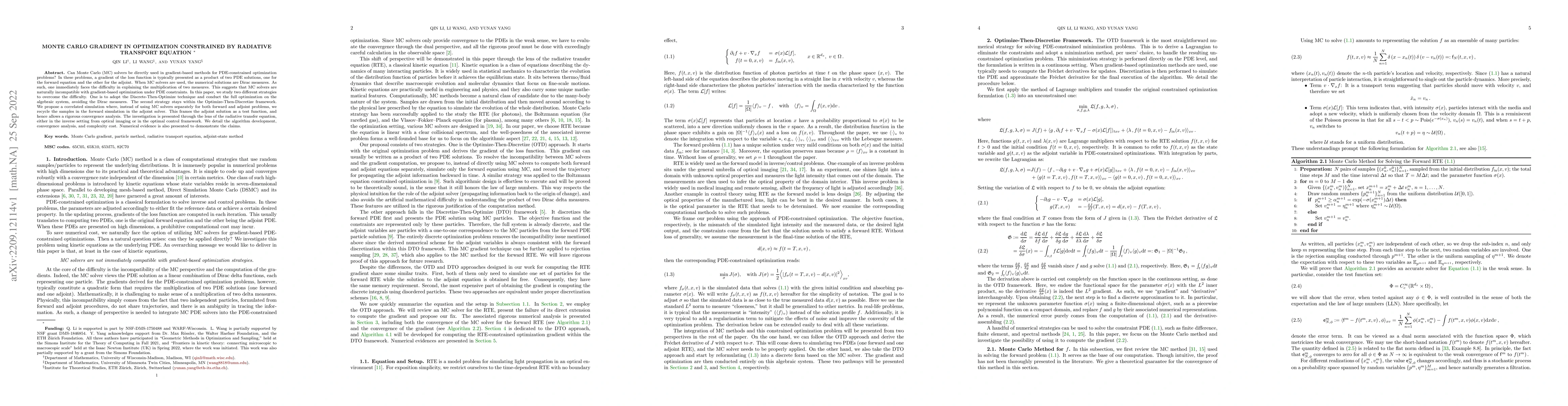 Thumbnail for Monte Carlo Gradient in Optimization Constrained by Radiative Transport
  Equation