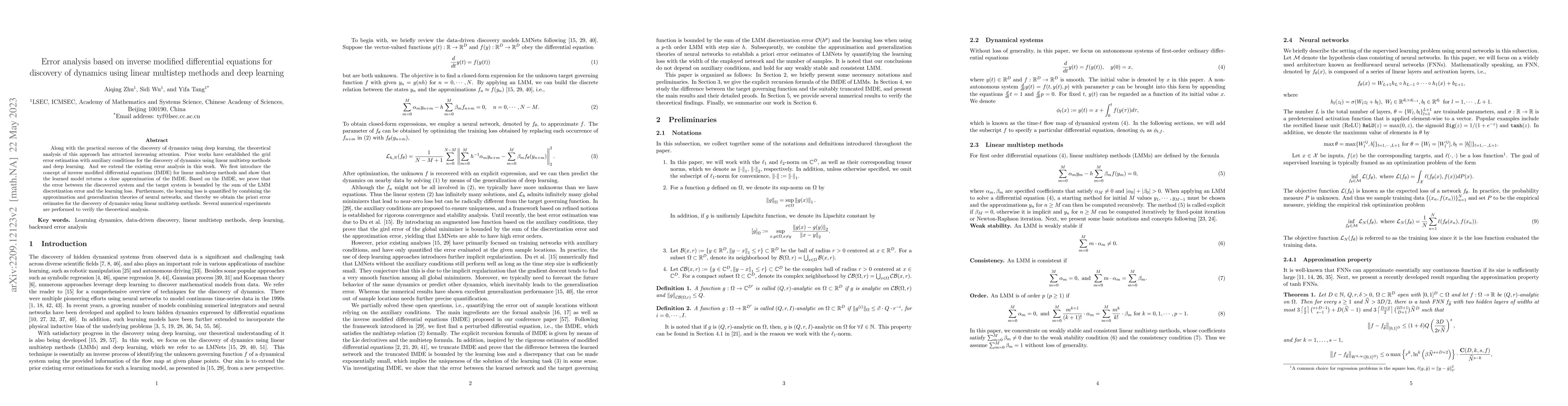 Thumbnail for Error analysis based on inverse modified differential equations for
  discovery of dynamics using linear multistep methods and deep learning