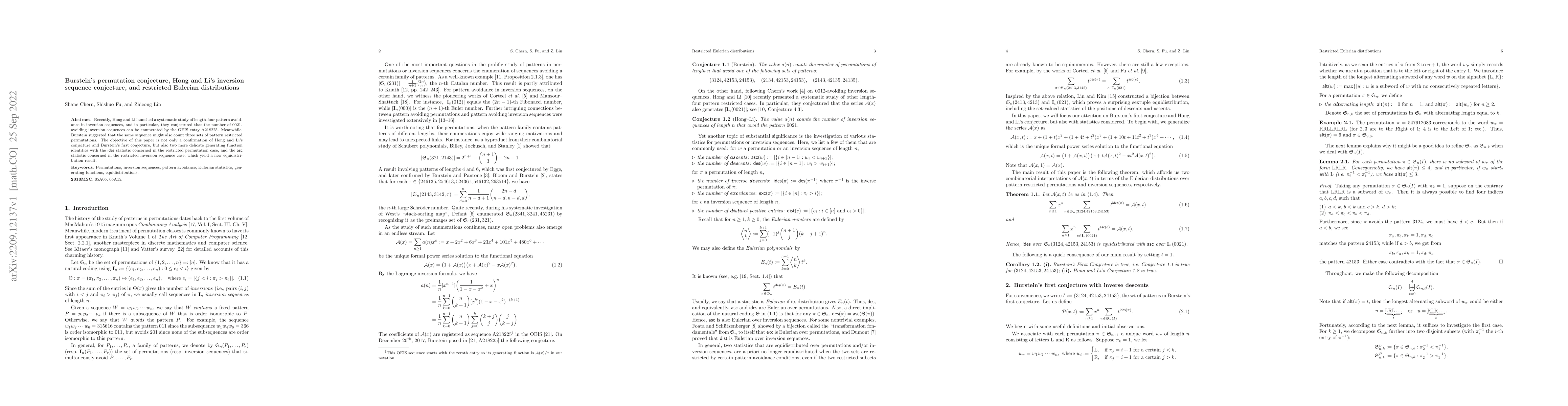 Thumbnail for Burstein's permutation conjecture, Hong and Li's inversion sequence
  conjecture, and restricted Eulerian distributions