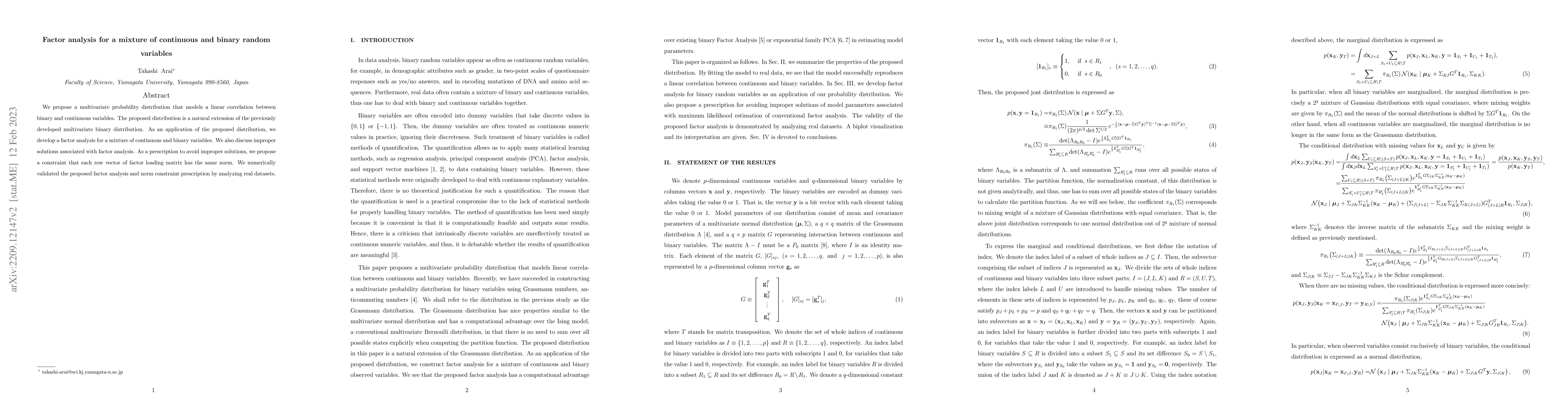 Thumbnail for Factor analysis for a mixture of continuous and binary random variables