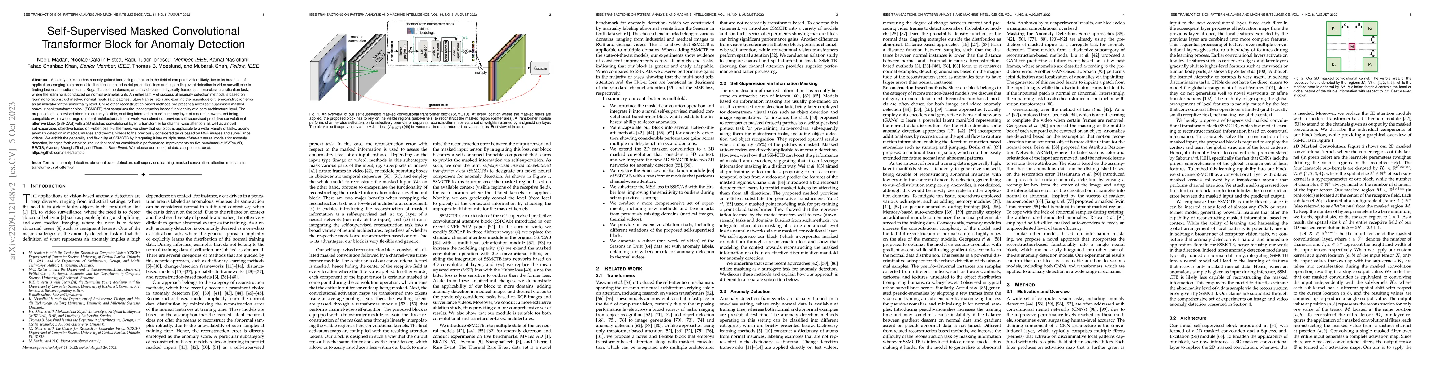 Thumbnail for Self-Supervised Masked Convolutional Transformer Block for Anomaly
  Detection