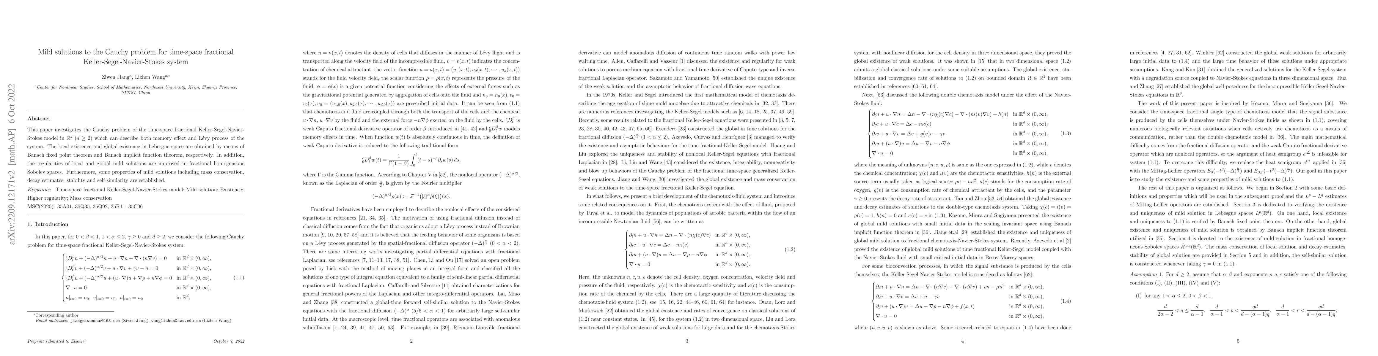 Thumbnail for Mild solutions to the Cauchy problem for time-space fractional
  Keller-Segel-Navier-Stokes system