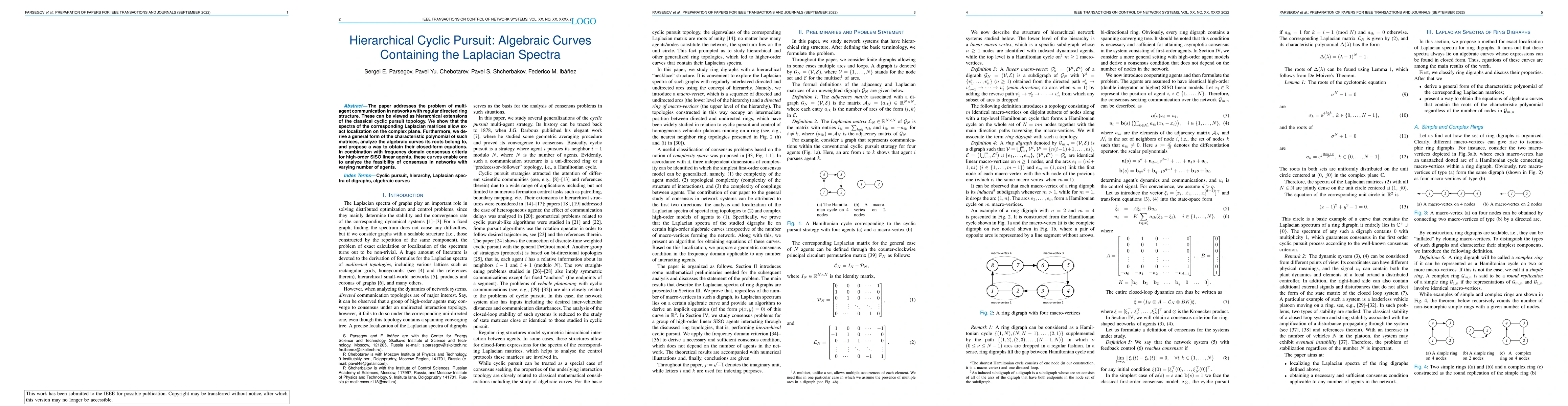 Thumbnail for Hierarchical Cyclic Pursuit: Algebraic Curves Containing the Laplacian
  Spectra