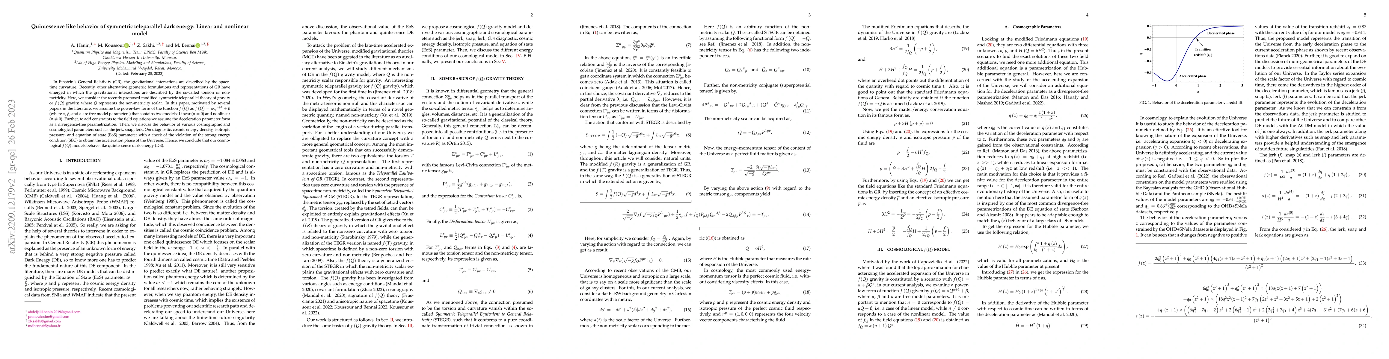 Thumbnail for Quintessence like behavior of symmetric teleparallel dark energy: Linear
  and nonlinear model